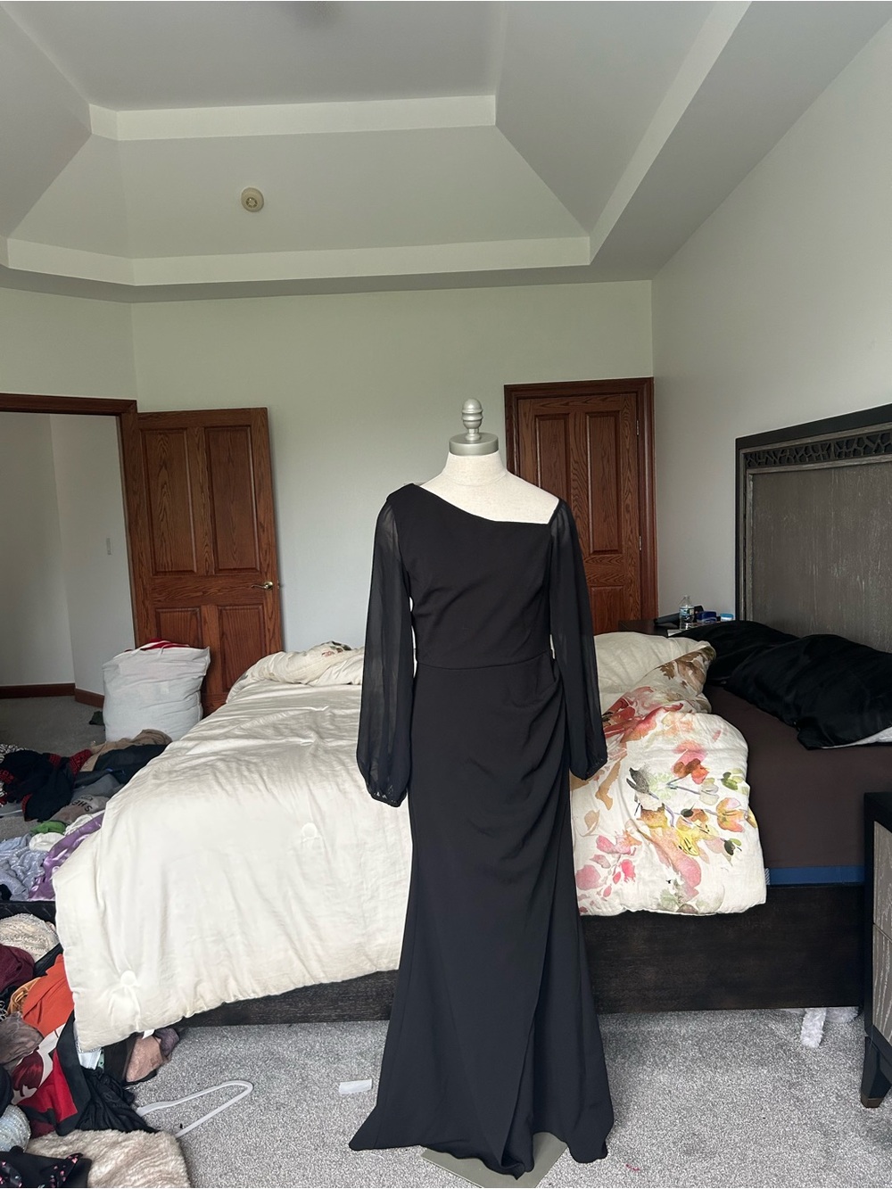 Betsy & Adam Black One-Shoulder Long Sleeve Evening Gown
